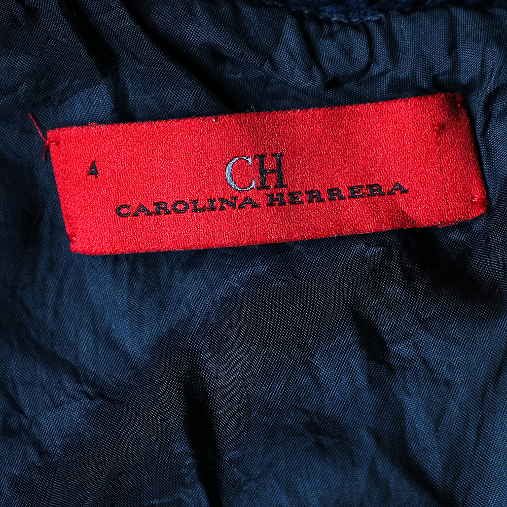 CH Carolina Herrera Navy Blue Textured Cotton Flared Dress S