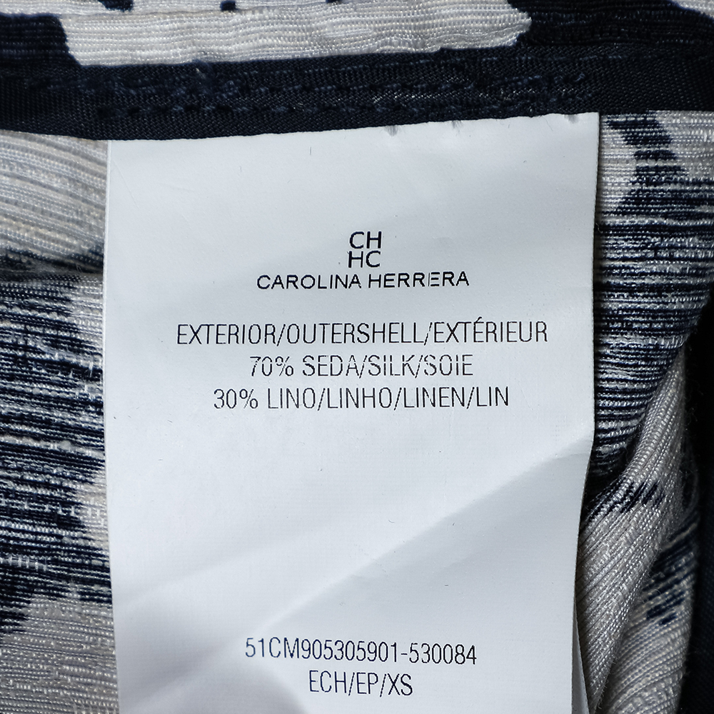 CH Carolina Herrera Navy Blue Floral Print Silk & Linen Belted Dress S