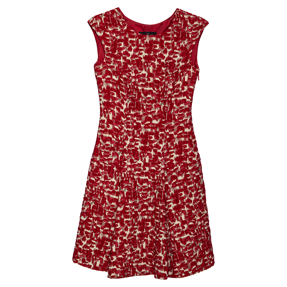 Ch carolina herrera red wool jacquard paneled pleated dress s