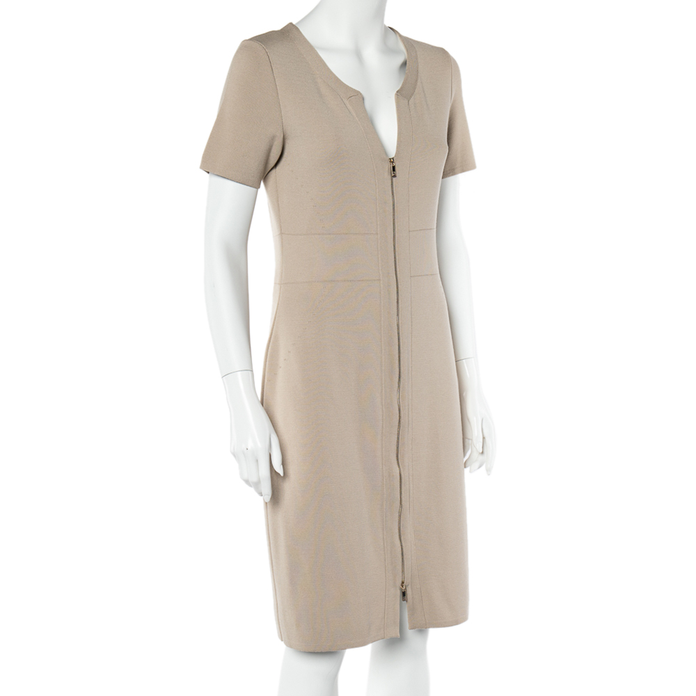 CH Carolina Herrera Beige Knit Zip Front Fitted Dress M