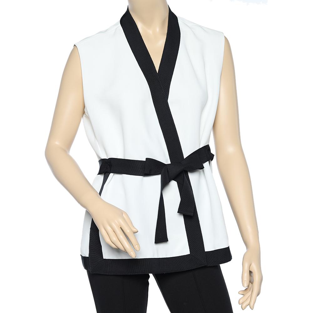 CH Carolina Herrera White Twill Contrast Trim Belted Sleeveless Shrug M