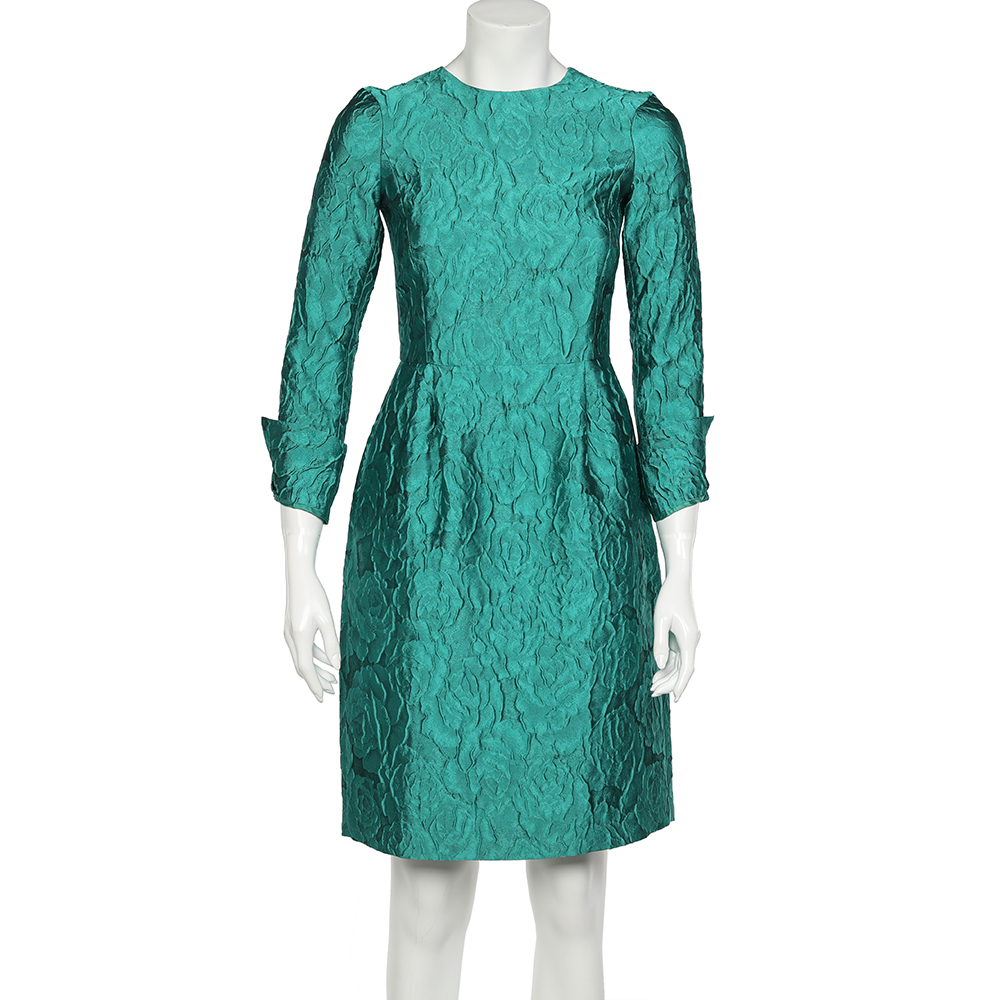 CH Carolina Herrera Green Silk Jacquard Long Sleeve Sheath Dress S