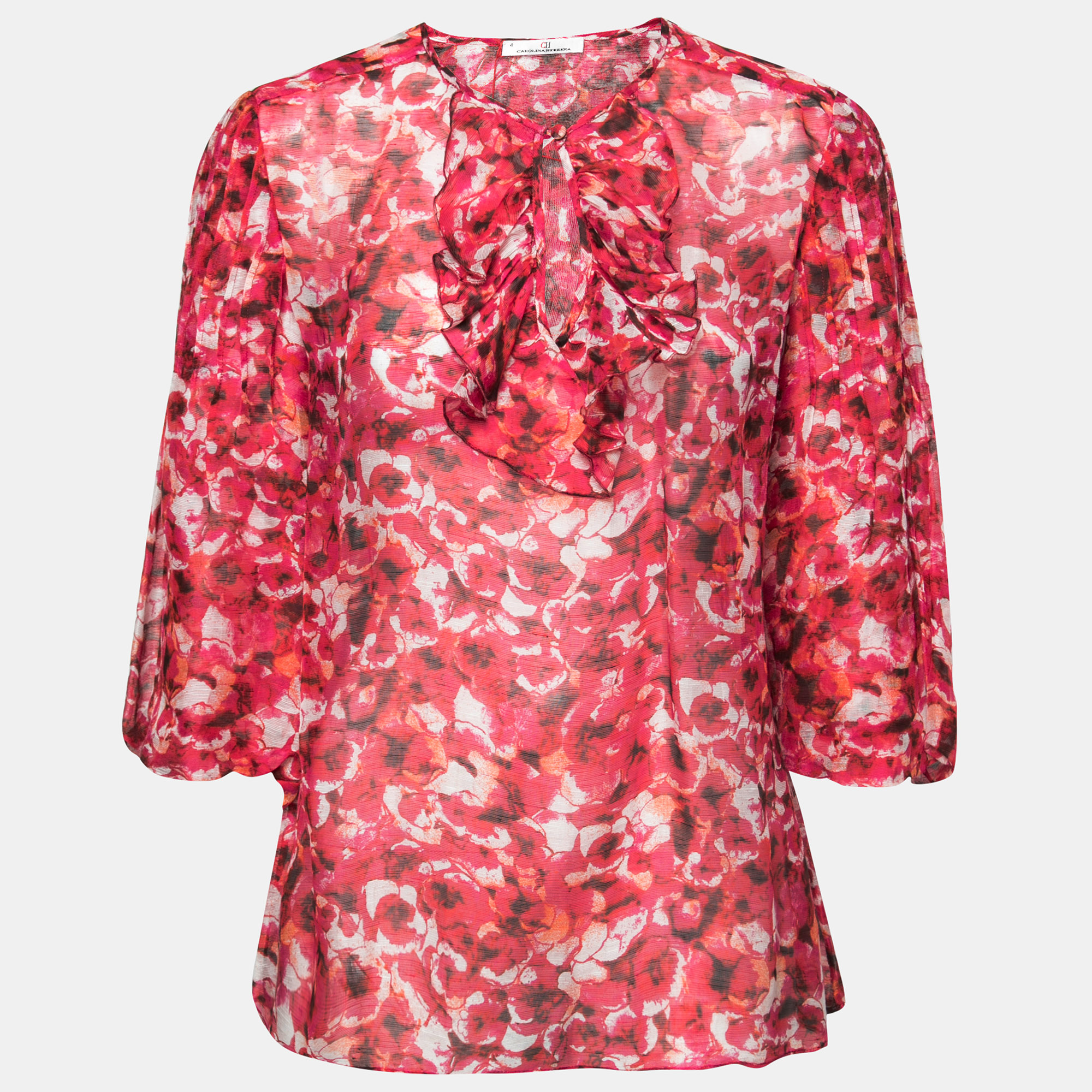 CH Carolina Herrera Pink Floral Printed Linen Ruffle Front Blouse S