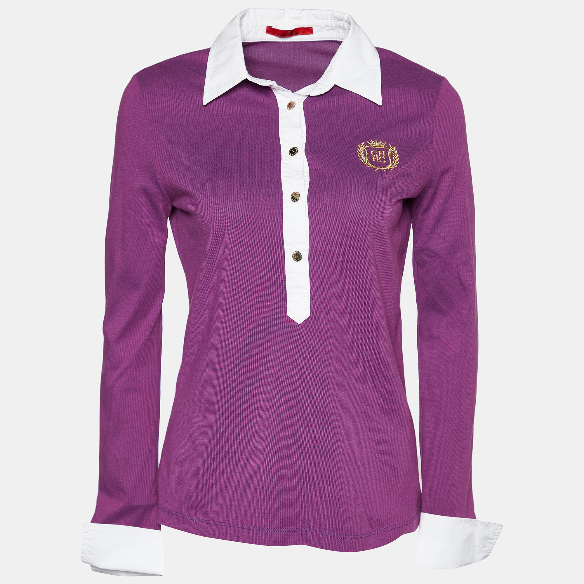 CH Carolina Herrera Purple Cotton Pique Contrast Detail Polo T-Shirt S