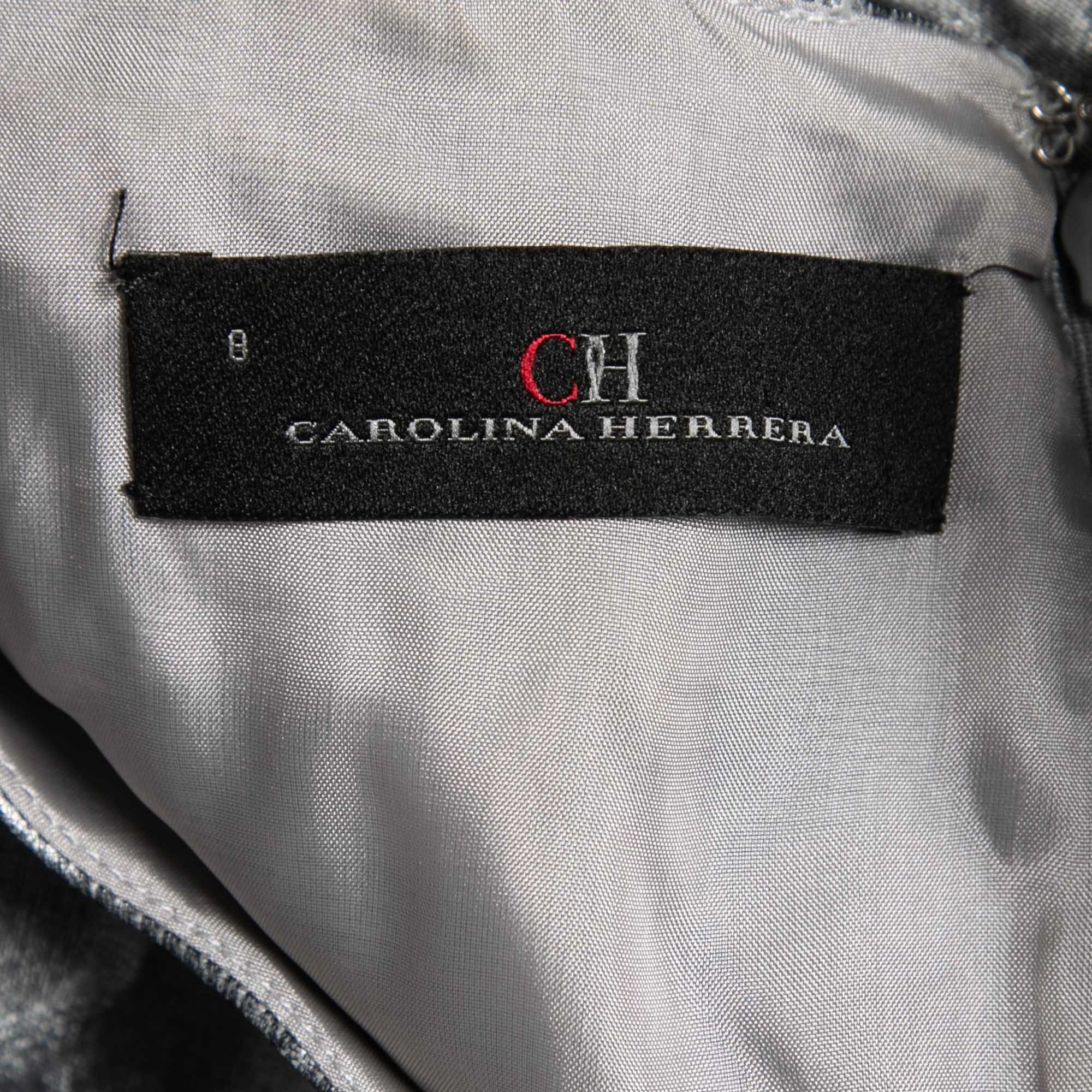 CH Carolina Herrera Grey Floral Embossed Jacquard Belted Knee Length Dress M
