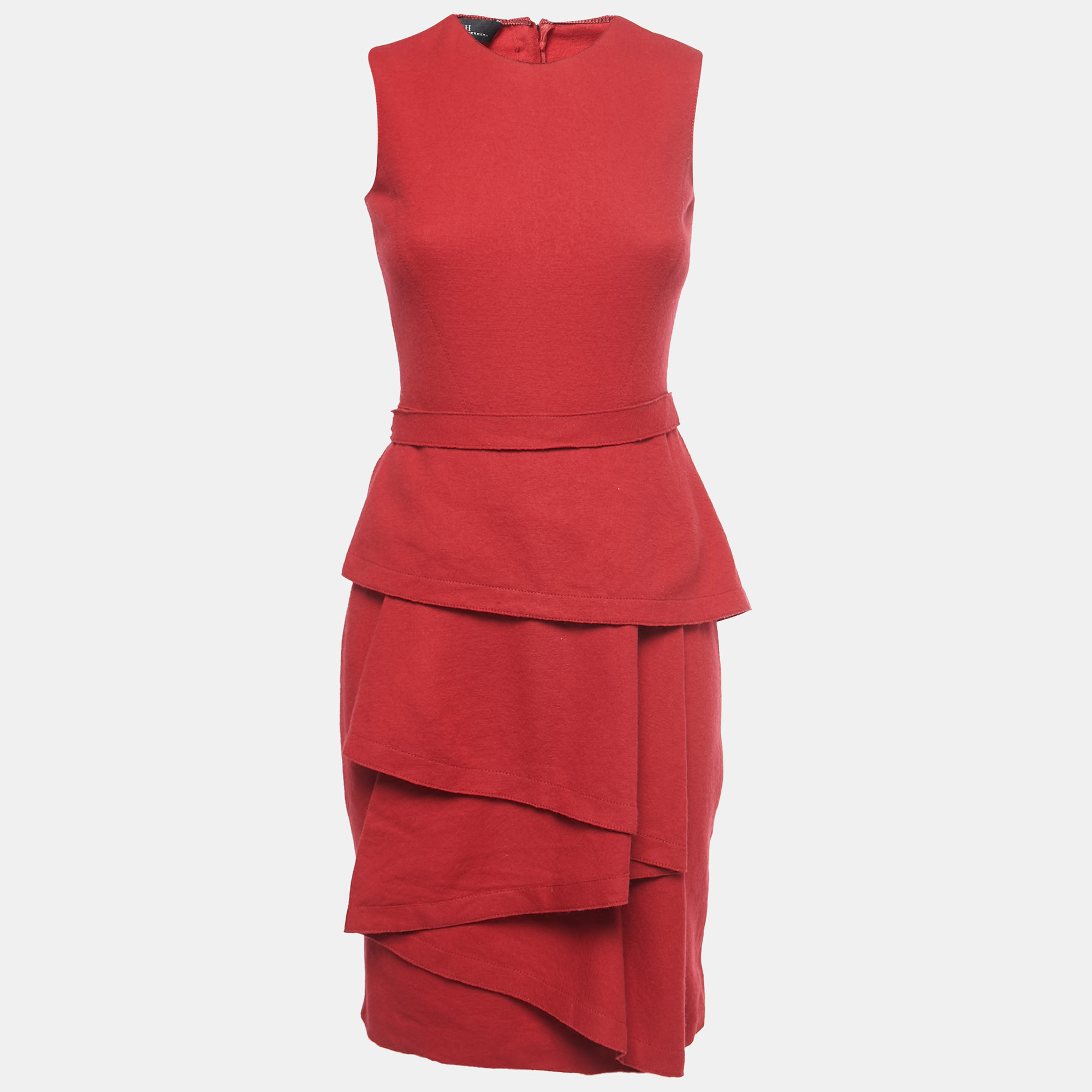 CH Carolina Herrera Red Wool Drape Detail Sleeveless Belted Short Dress S