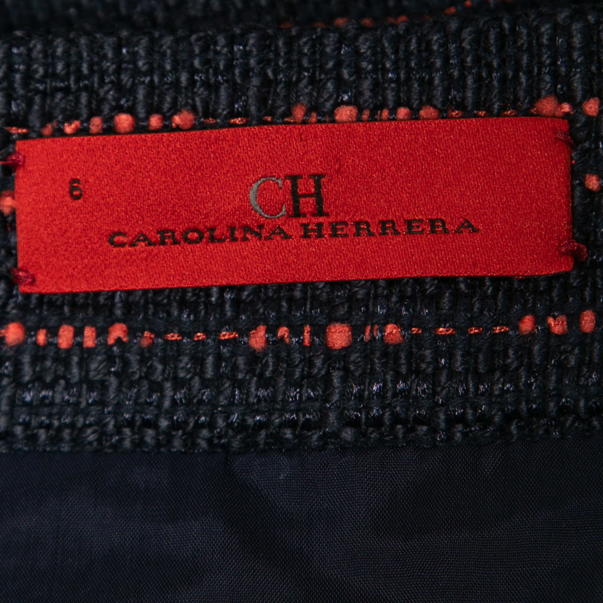 CH Carolina Herrera Navy Blue Tweed Zip Front Fringed Knee Length Skirt M
