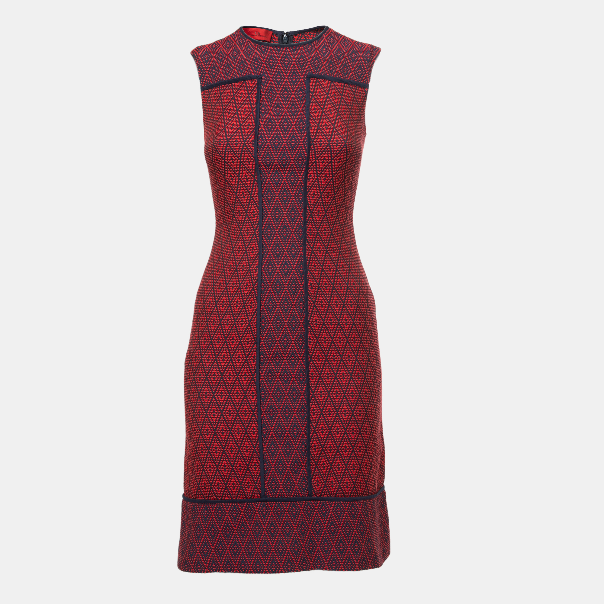 CH Carolina Herrera Red/Blue Cotton Diamond Embroidered Sleeveless Dress XS