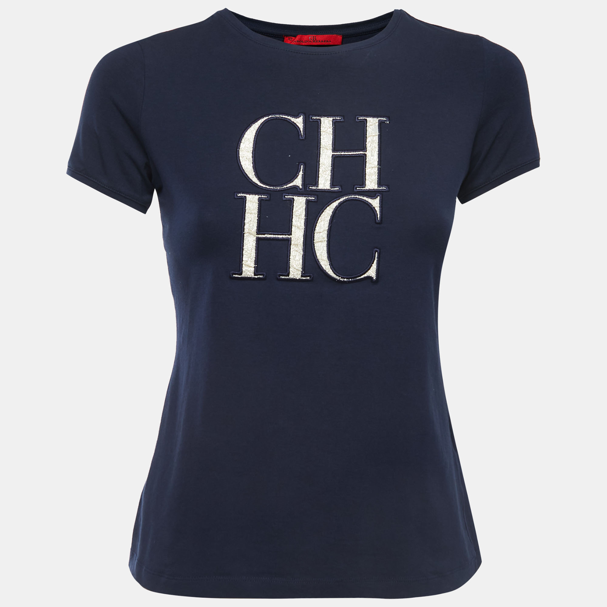 CH Carolina Herrera Navy Blue Logo Patch Cotton Crew Neck Short Sleeve T-Shirt XS