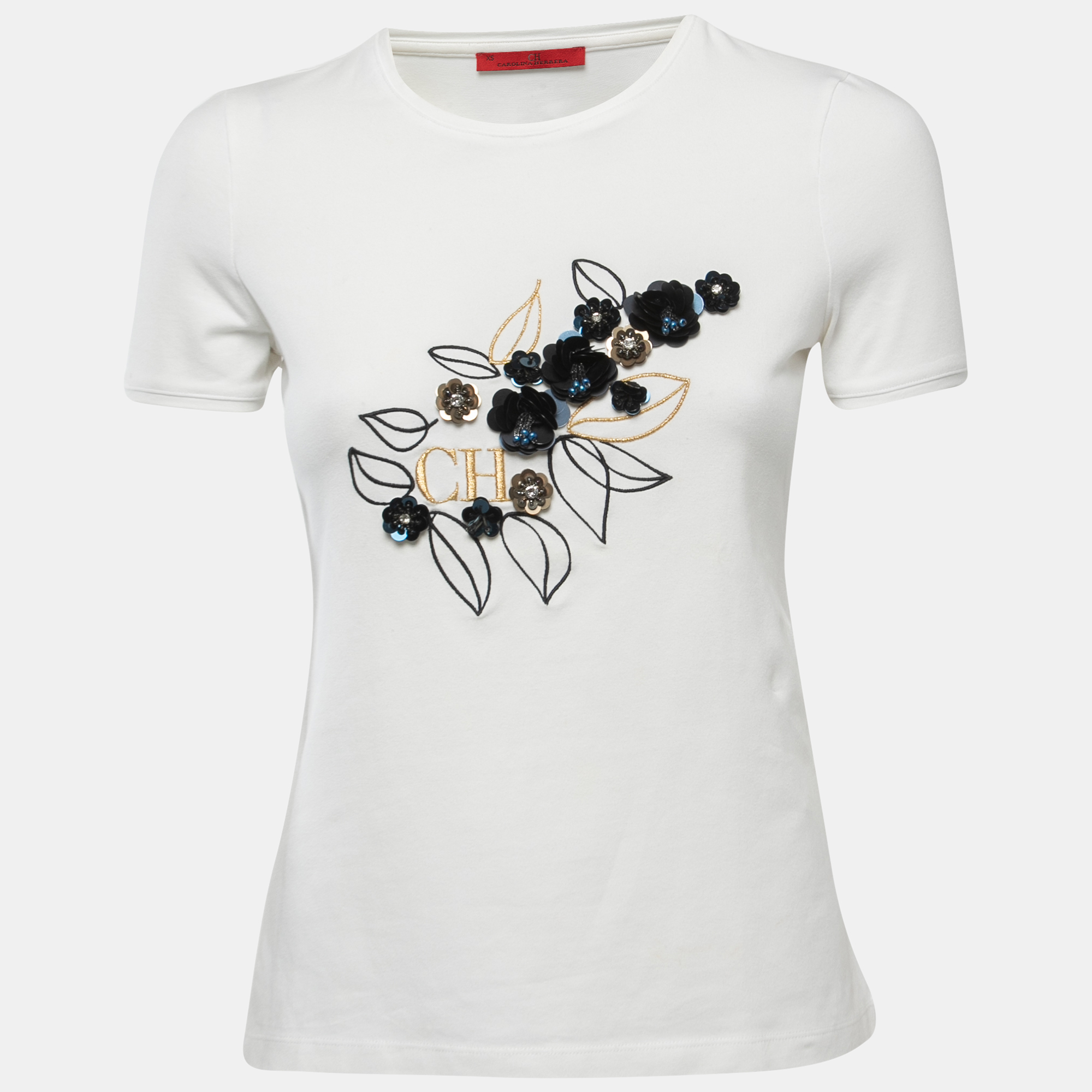 CH Carolina Herrera White Floral Embellished Cotton Short Sleeve T-Shirt XS
