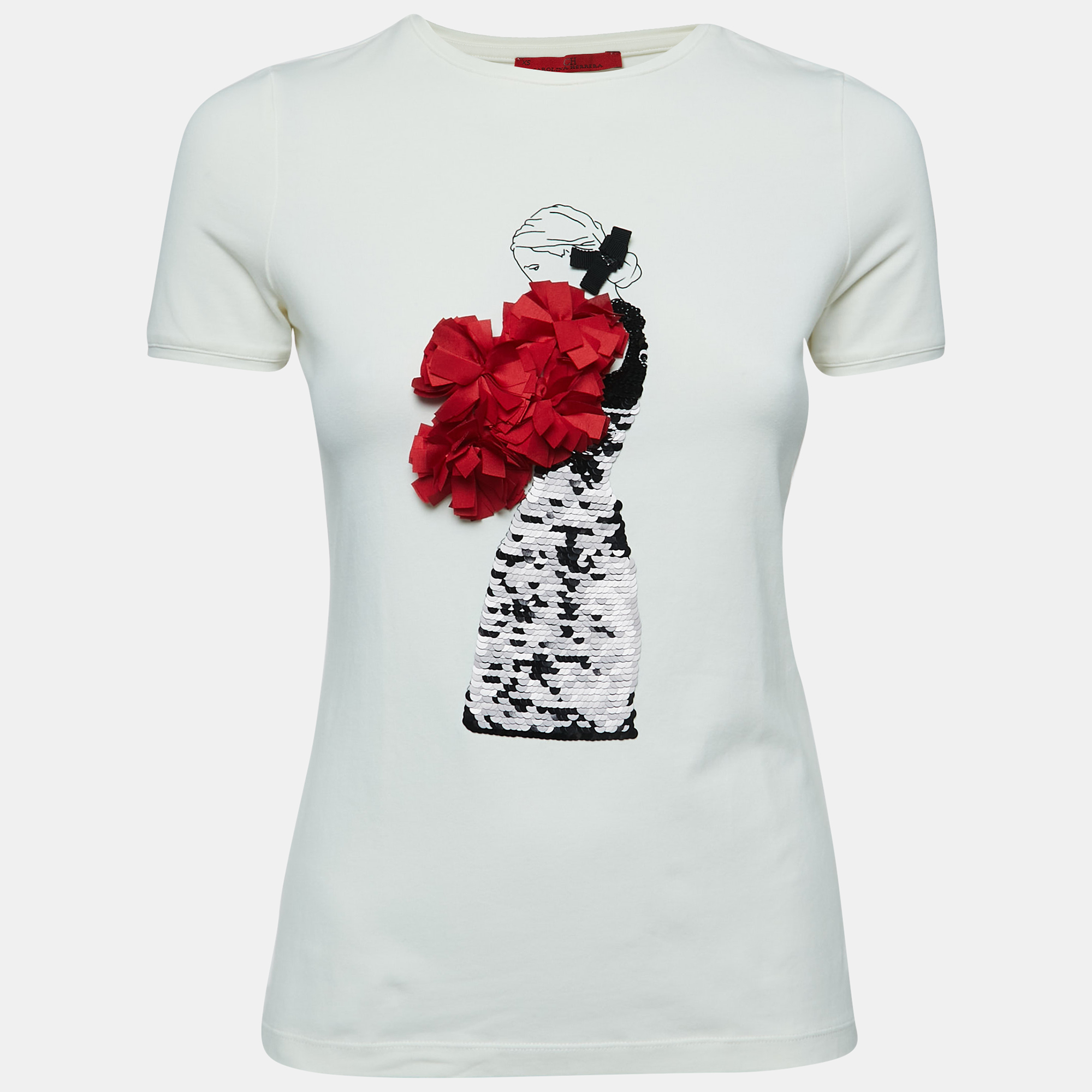 CH Carolina Herrera Cream Cotton Sequin Detailed Short Sleeve T-Shirt XS
