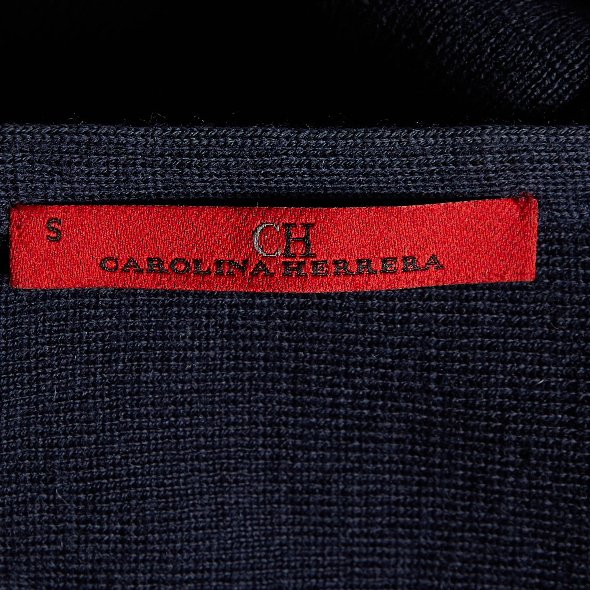 CH Carolina Herrera Navy Blue Wool Knit & Lace Trim Open Front Shrug S