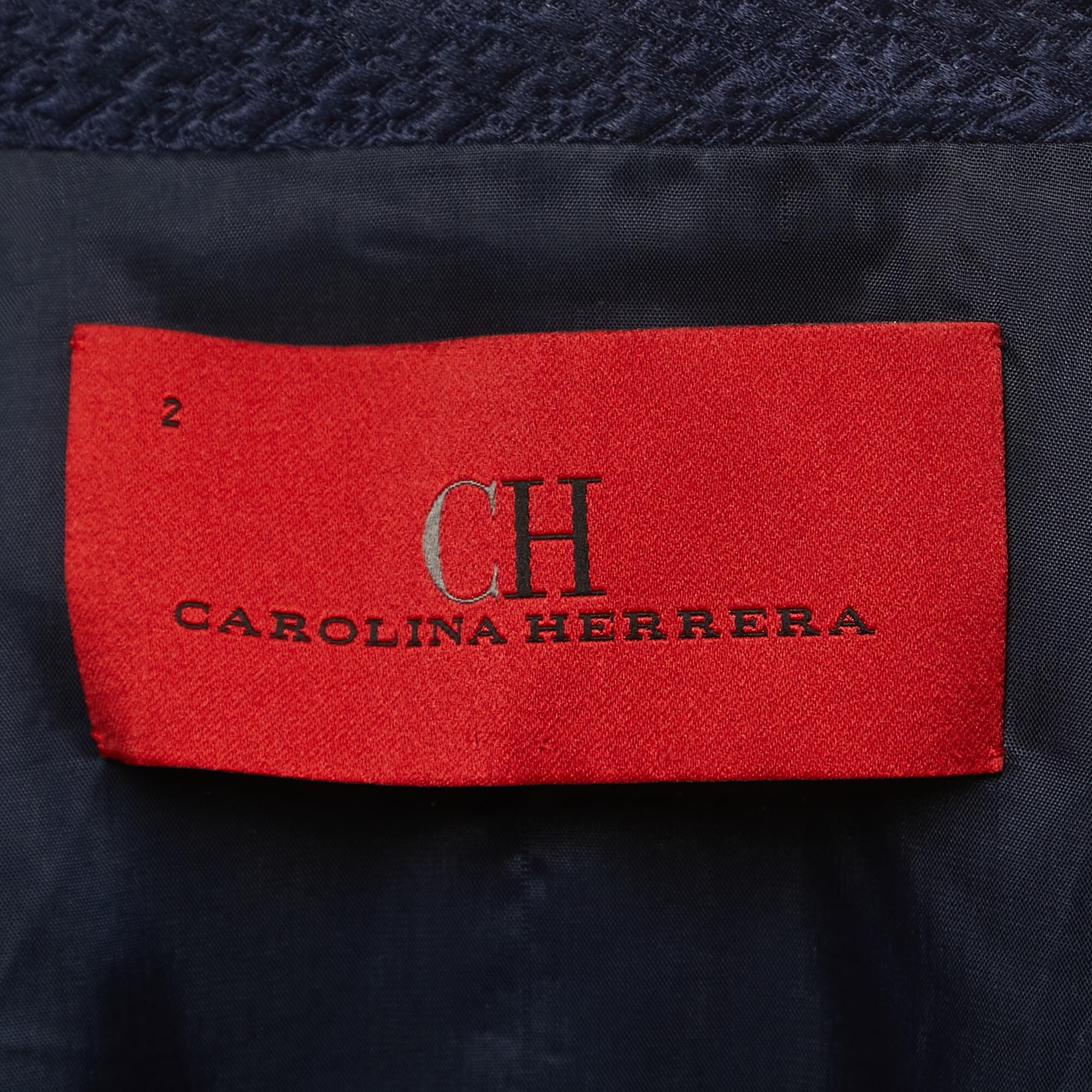 CH Carolina Herrera Navy Blue Jacquard Belted Blazer S