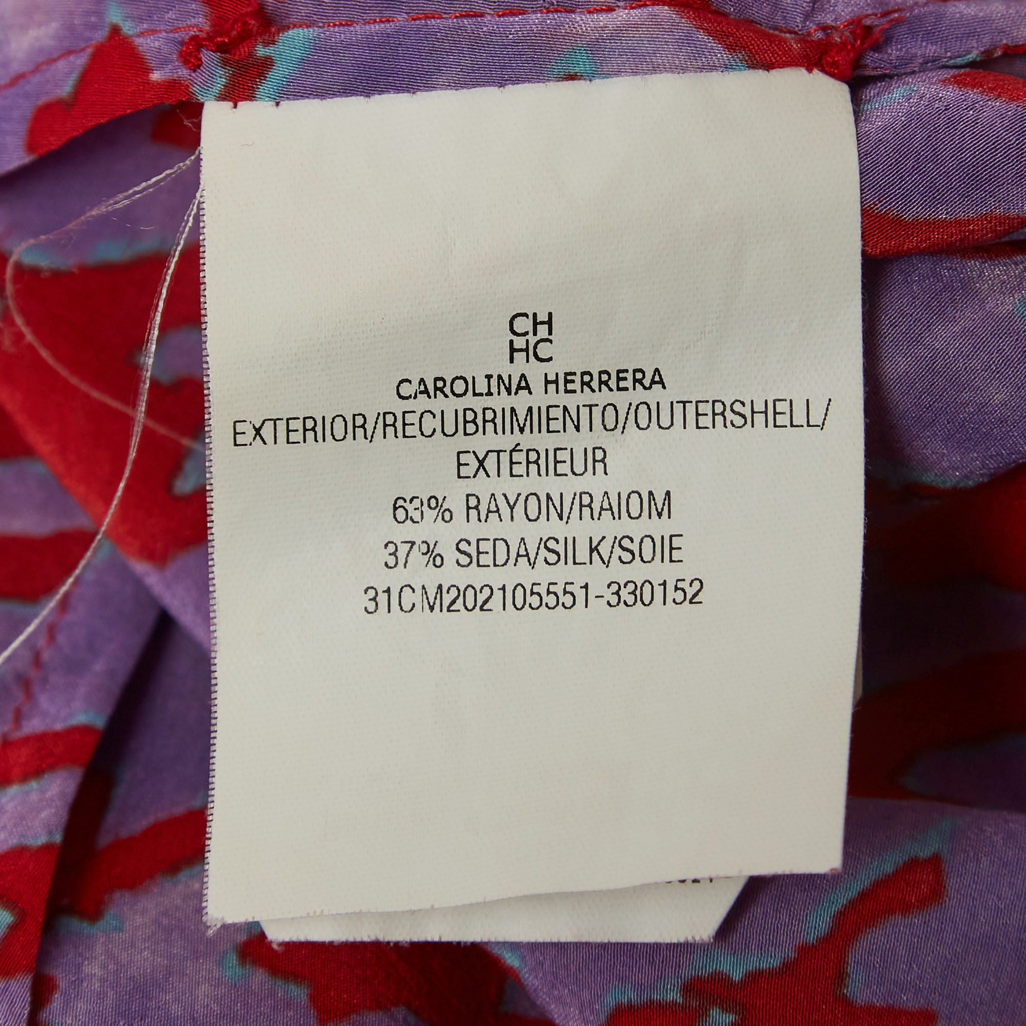CH Carolina Herrera Purple/Red Printed Crepe Belted Top S