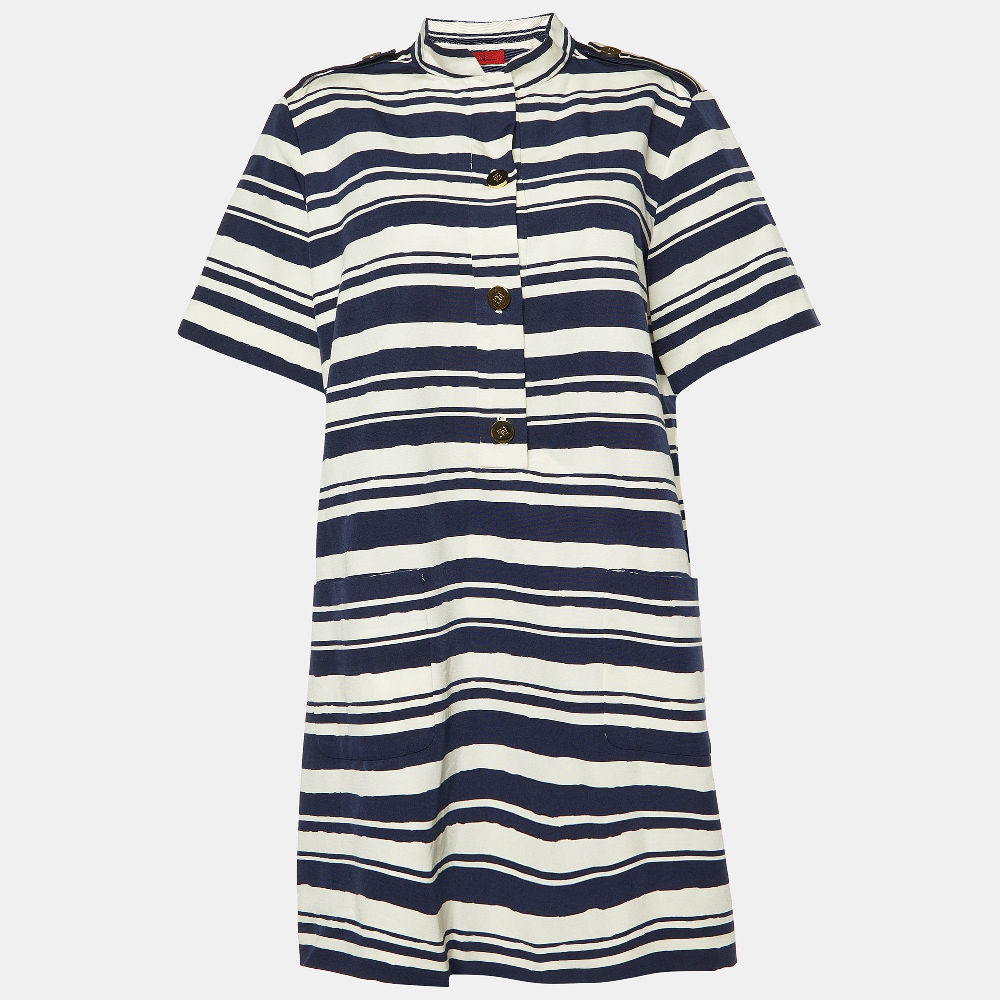 Ch carolina herrera navy blue striped silk-blend mini dress l