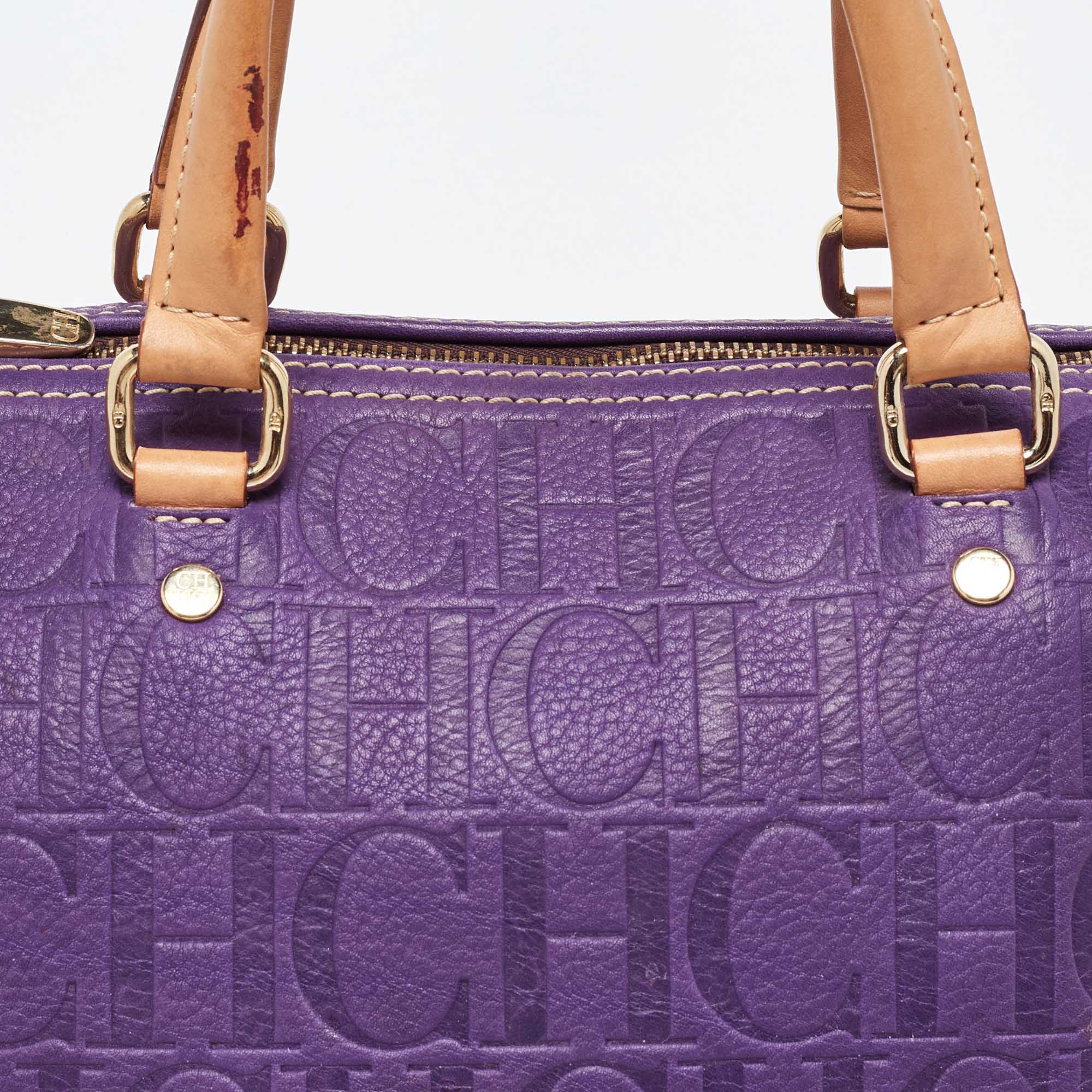 CH Carolina Herrera Purple Monogram Leather Andy Boston Bag