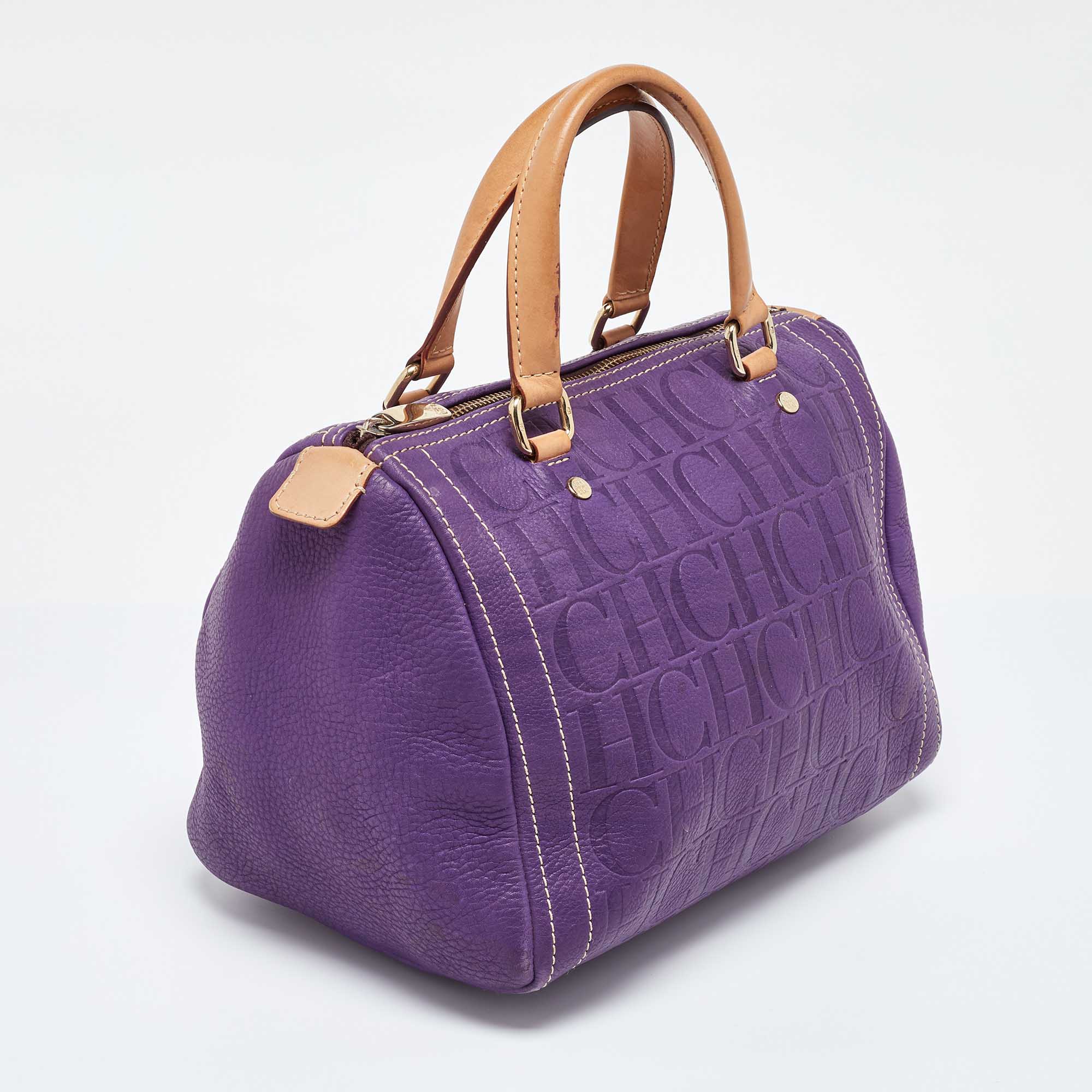 CH Carolina Herrera Purple Monogram Leather Andy Boston Bag