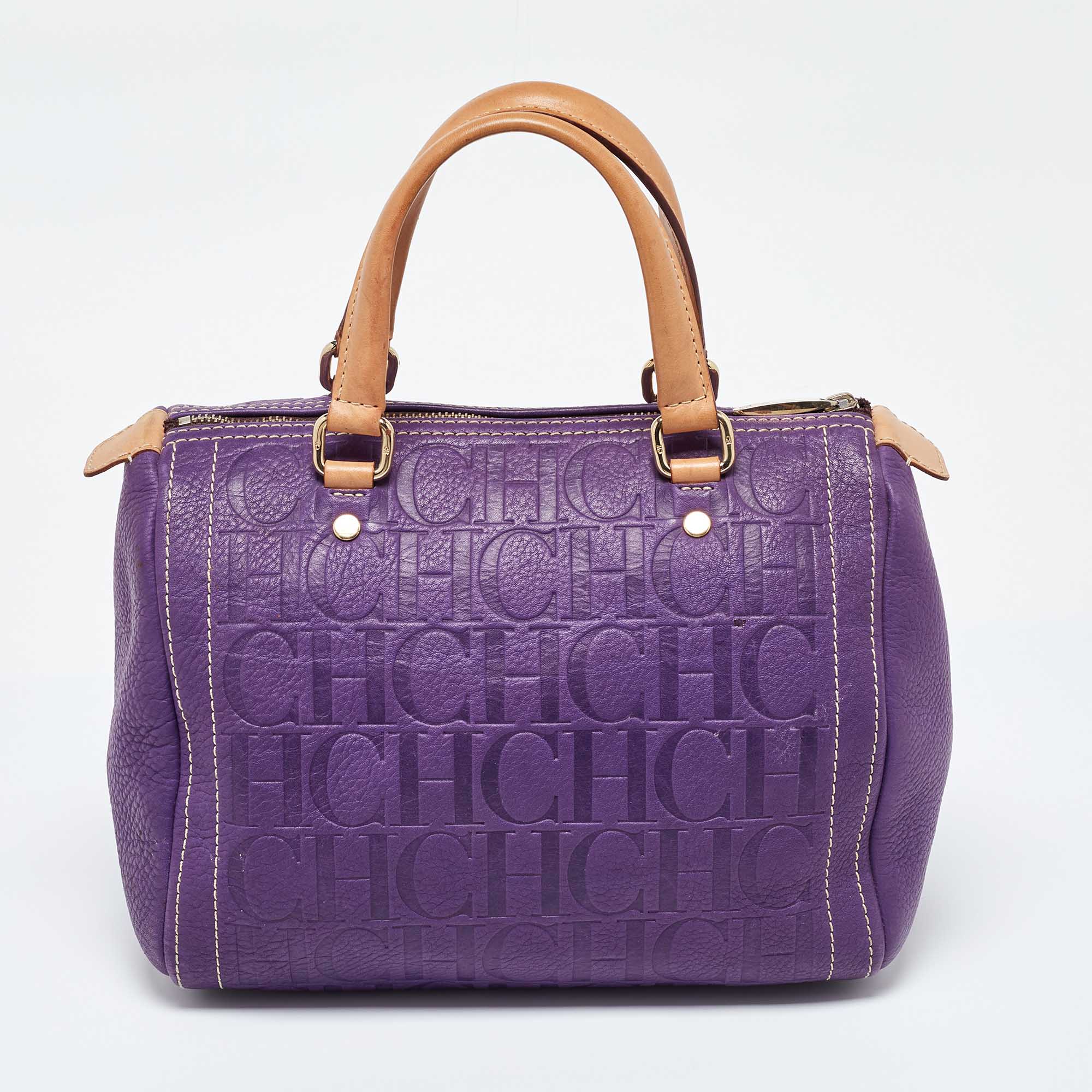 CH Carolina Herrera Purple Monogram Leather Andy Boston Bag