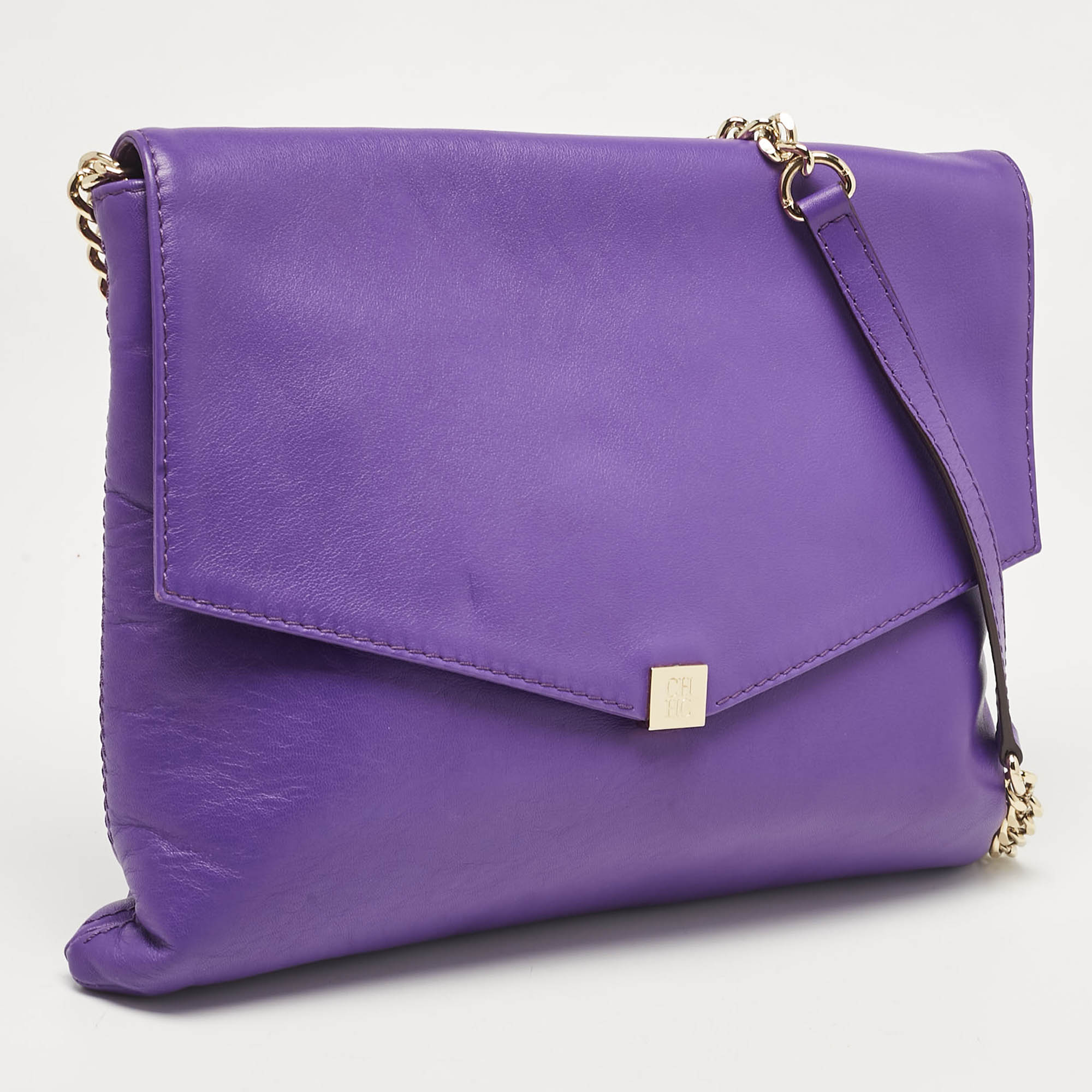 CH Carolina Herrera Purple Leather Flap Shoulder Bag