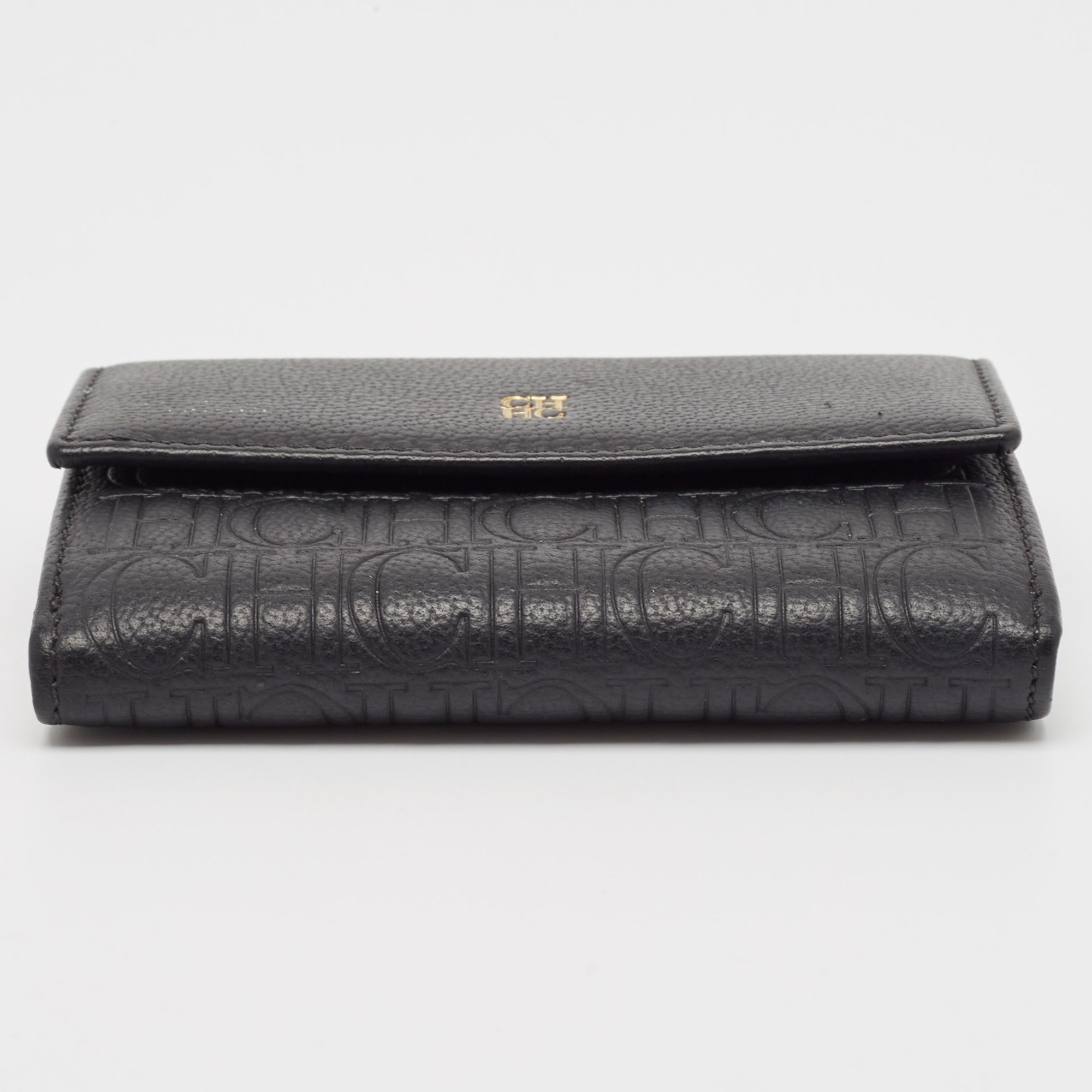 CH Carolina Herrera Black Monogram Leather Compact Wallet