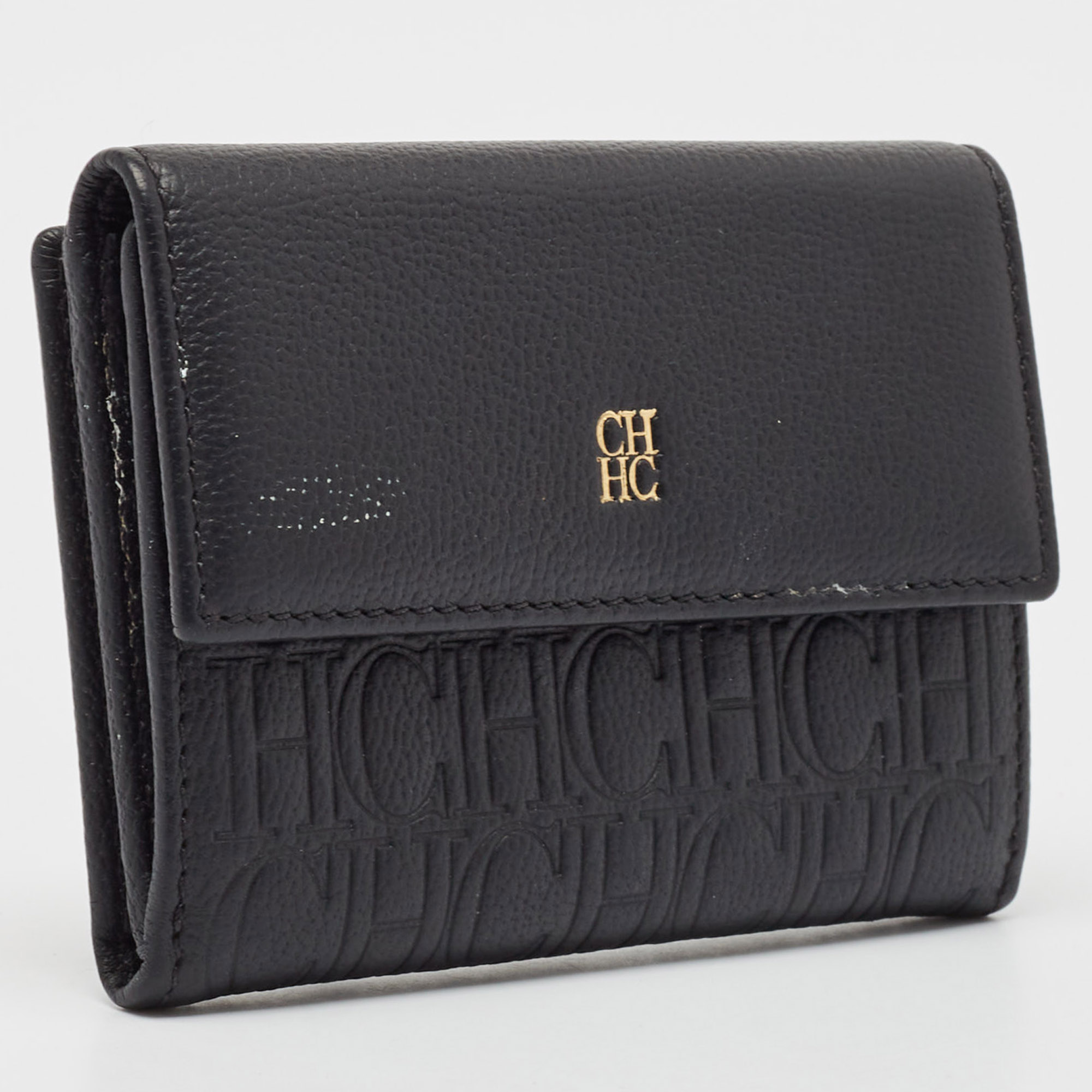 CH Carolina Herrera Black Monogram Leather Compact Wallet