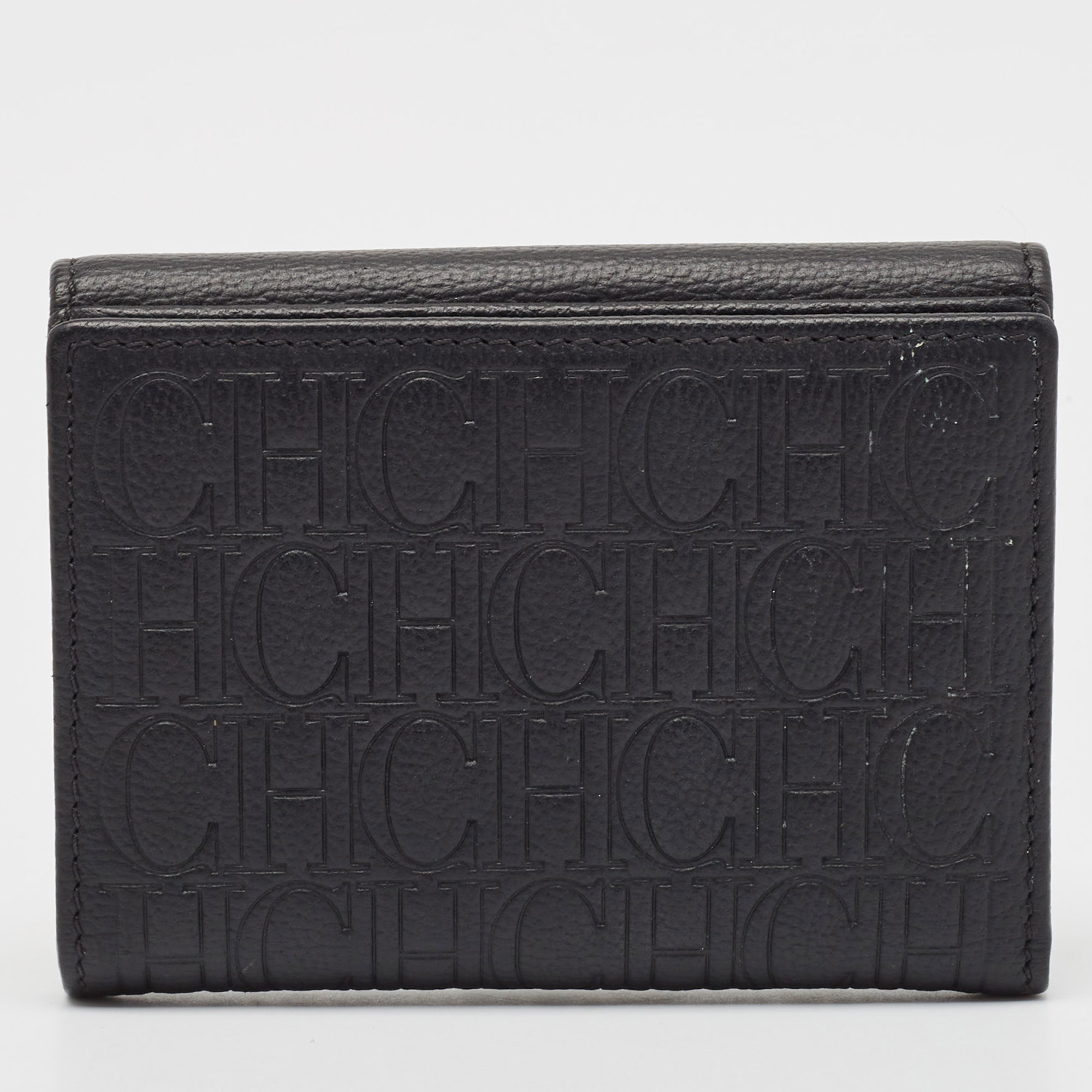 CH Carolina Herrera Black Monogram Leather Compact Wallet