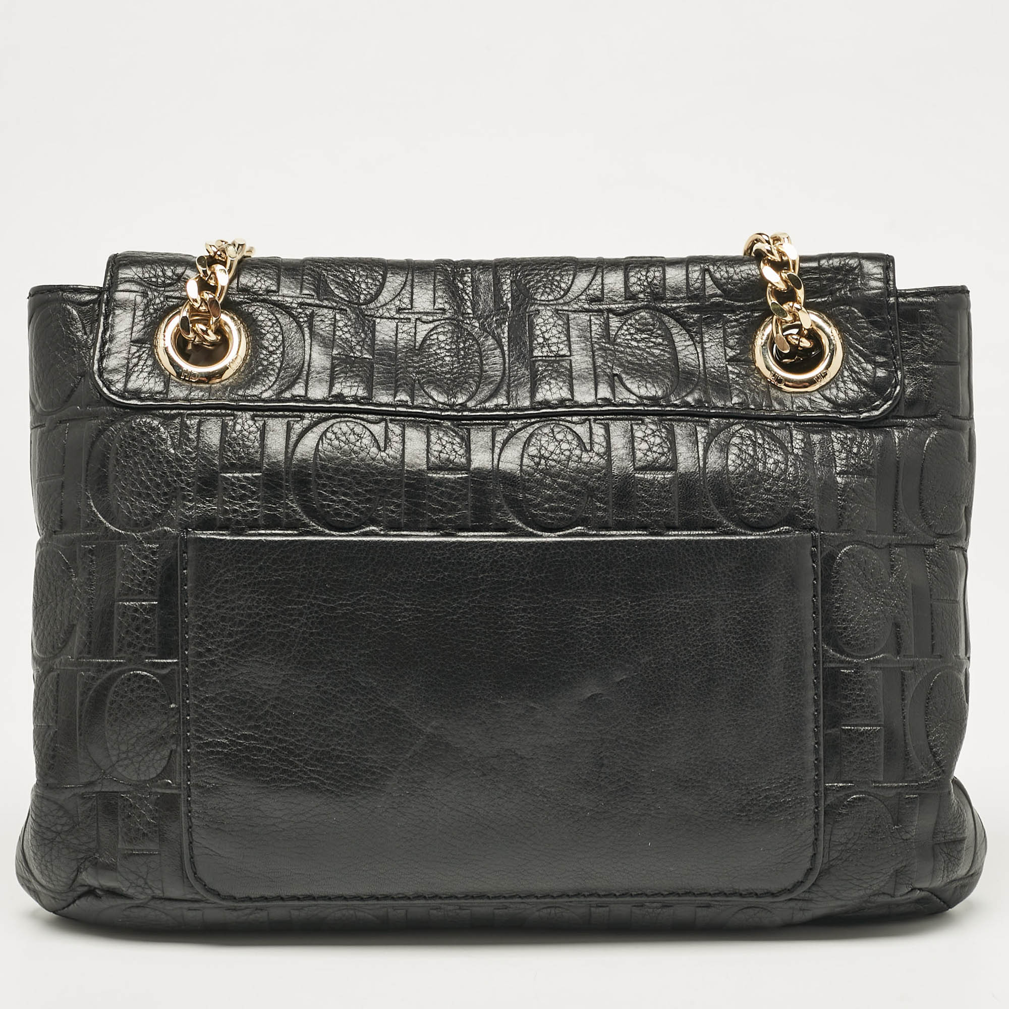 CH Carolina Herrera Black Monogram Embossed Leather Audrey Shoulder Bag