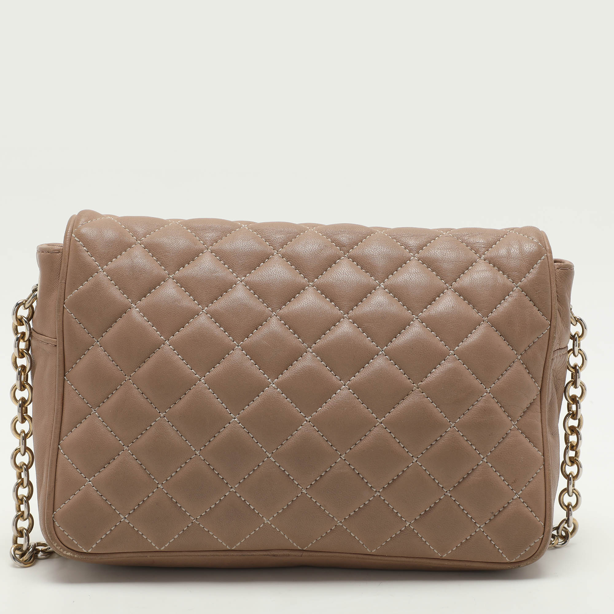 CH Carolina Herrera Beige Quilted Leather Flap Shoulder Bag