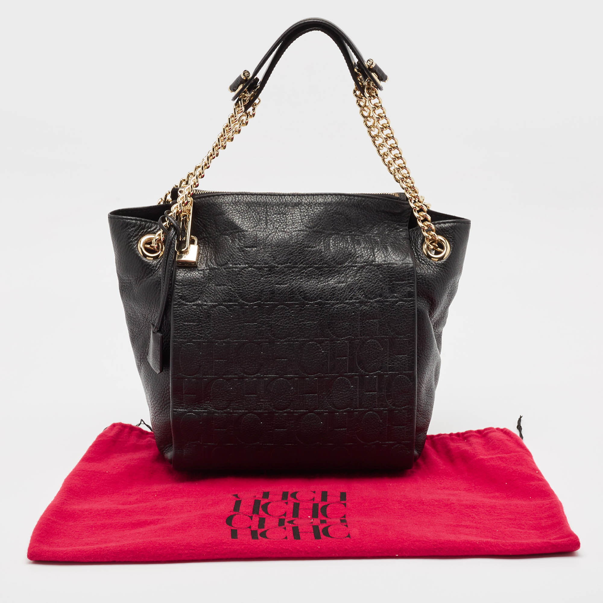 CH Carolina Herrera Black Monogram Embossed Leather Zip Chain Shoulder Bag