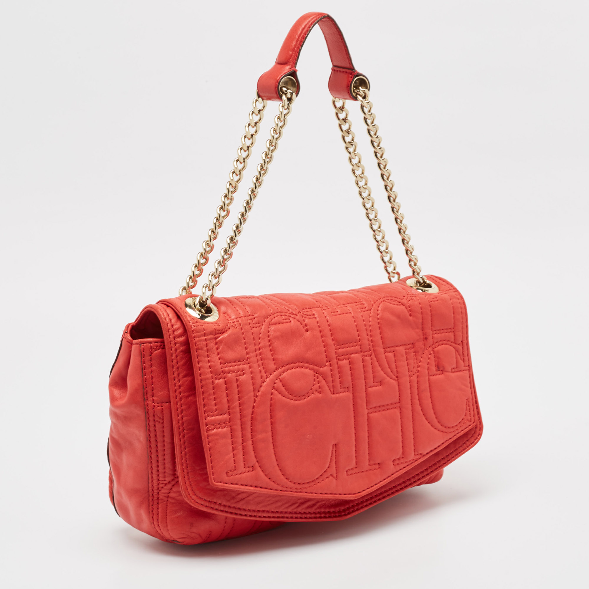 CH Carolina Herrera Red Monogram Leather Double Flap Shoulder Bag