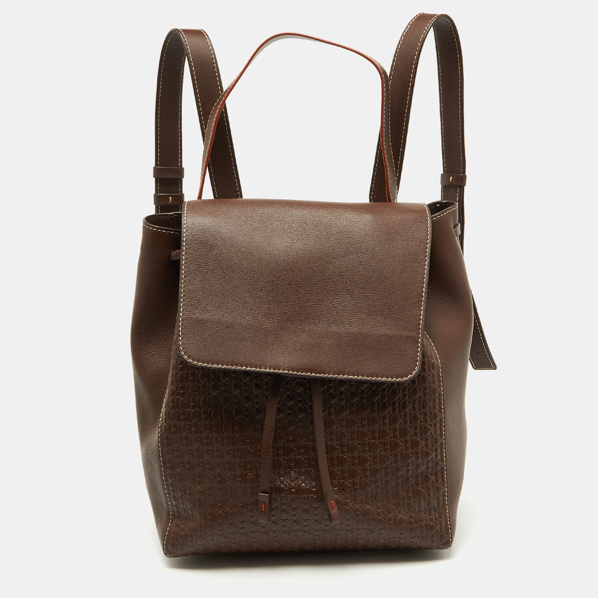 CH Carolina Herrera Brown Monogram Embossed Leather Flap Backpack