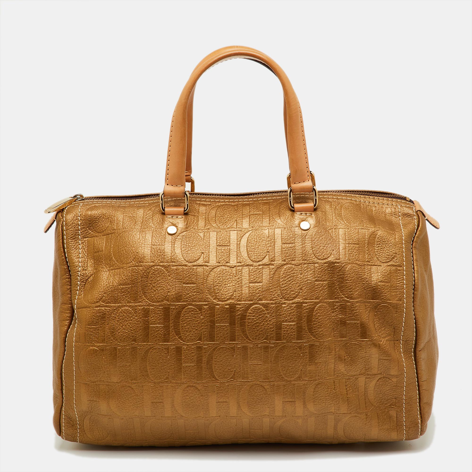 CH Carolina Herrera Metallic Gold Monogram Embossed Leather Large Andy Boston Bag
CH Carolina Herrera Metallic Gold Monogram Embossed Leather Large Andy Boston Bag