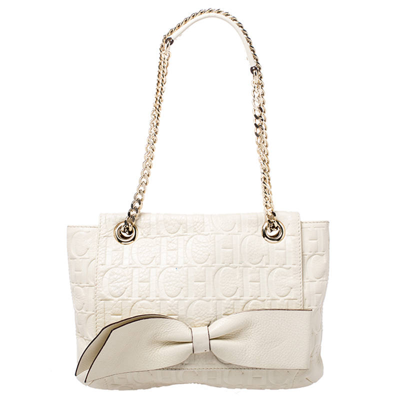 Image of Carolina Herrera Cream Monogram Leather Audrey Shoulder Bag