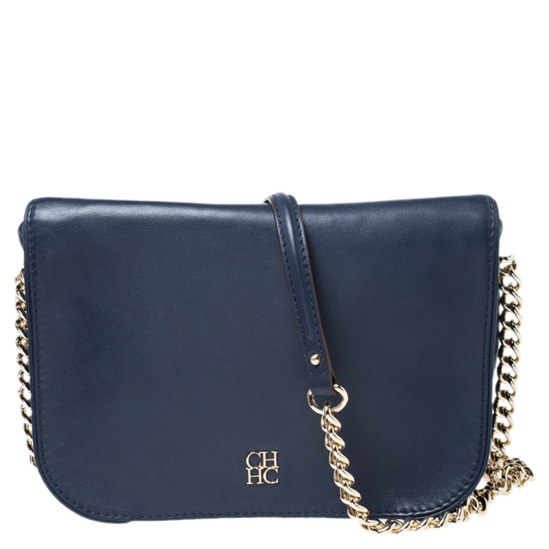 Image of Carolina Herrera Navy Blue Leather Shoulder Bag