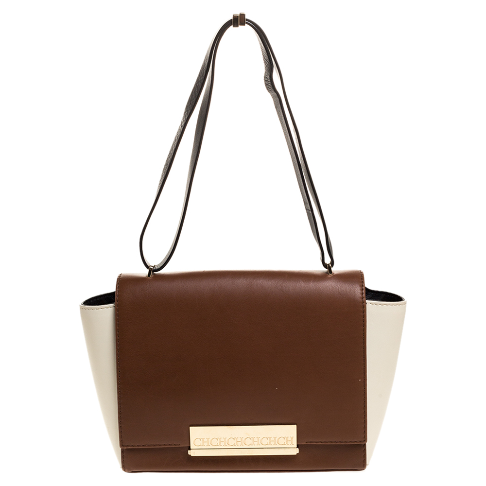 Image of Carolina Herrera Bicolor Leather Flap Shoulder Bag