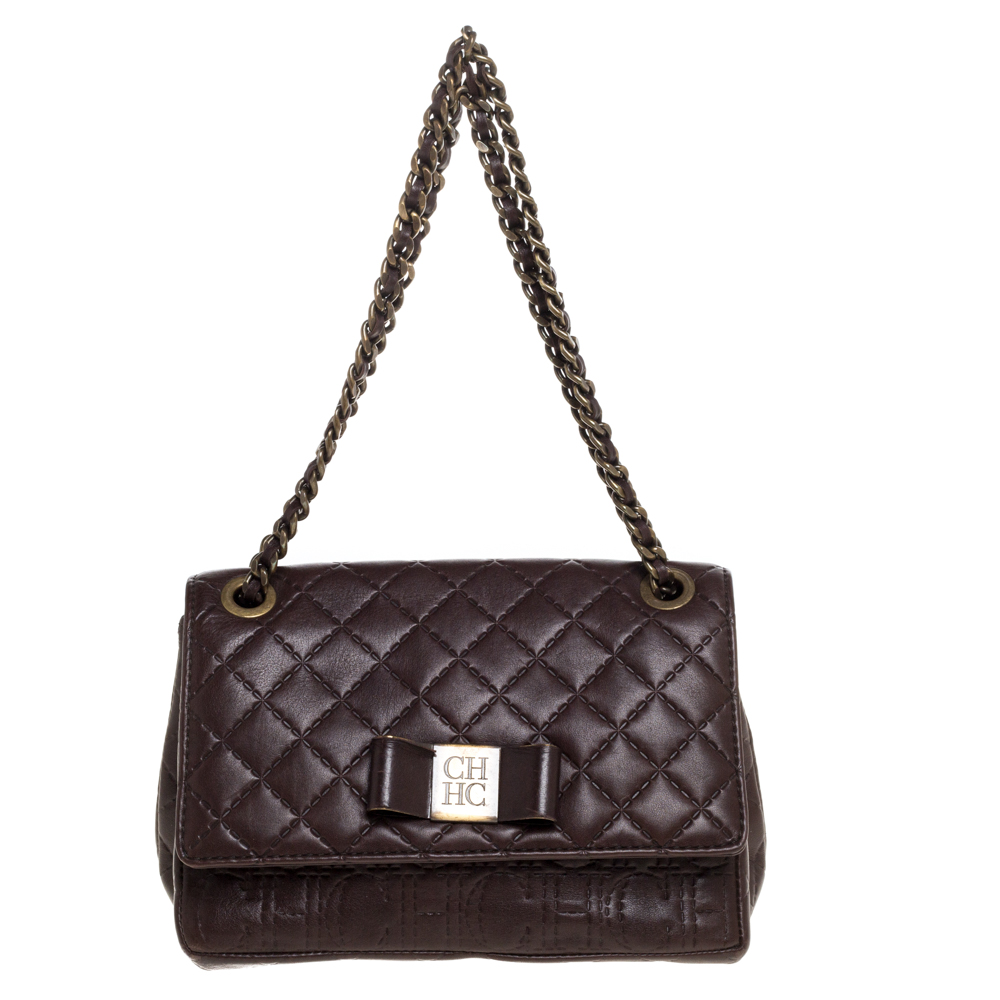 Image of CH Carolina Herrera Dark Brown Leather Bow Shoulder Bag
