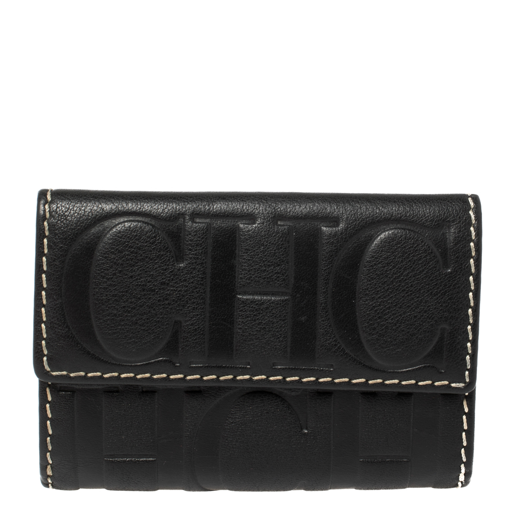 Image of Carolina Herrera Black Monogram Leather Flap Compact Wallet