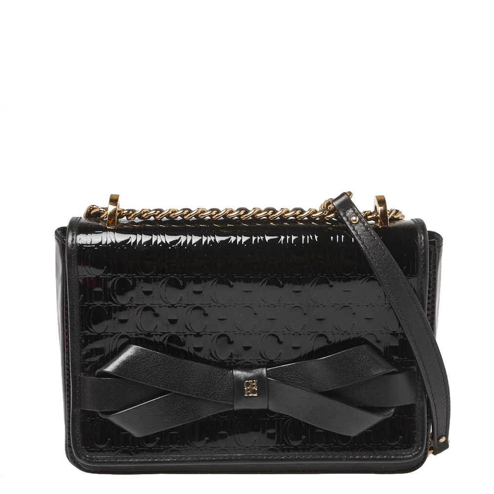 Image of CH Carolina Herrera Black Patent Leather Monogram Embossed Bow Shoulder Bag
