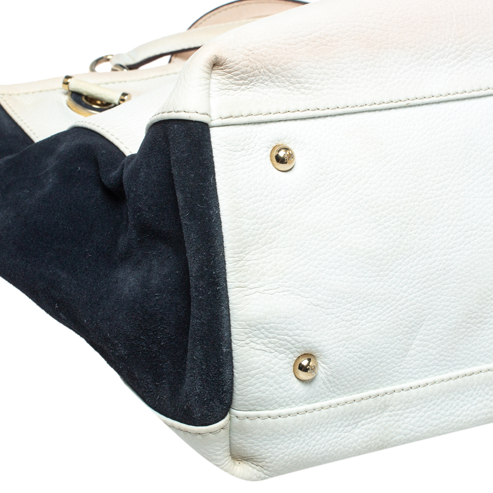 Carolina Herrera White/Blue Textured Leather And Suede Tote