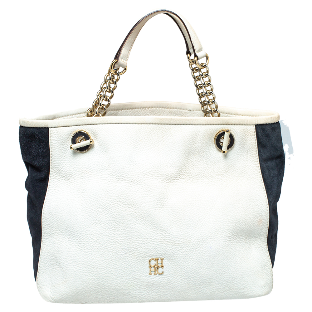 Carolina Herrera White/Blue Textured Leather And Suede Tote
