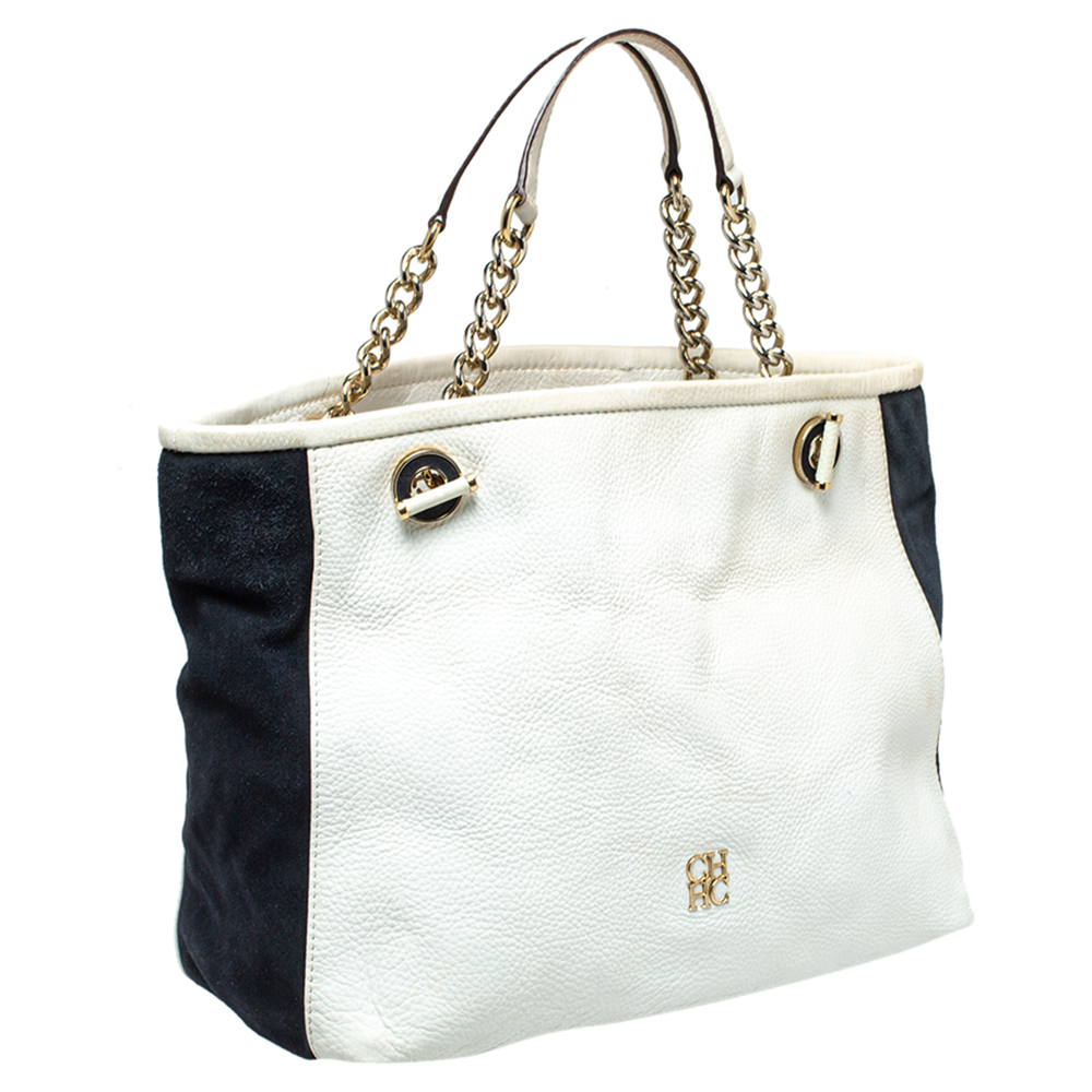 Carolina Herrera White/Blue Textured Leather And Suede Tote