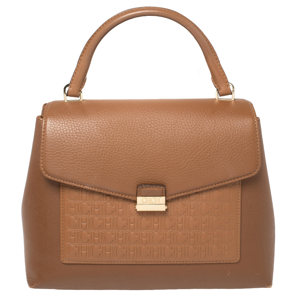 Carolina Herrera Brown Monogram Leather Top Handle Bag
