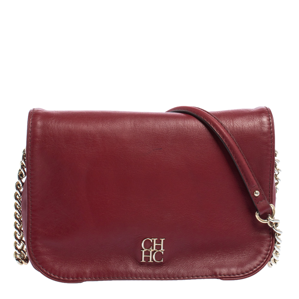 Carolina Herrera Dark Red Leather Flap Chain Shoulder Bag