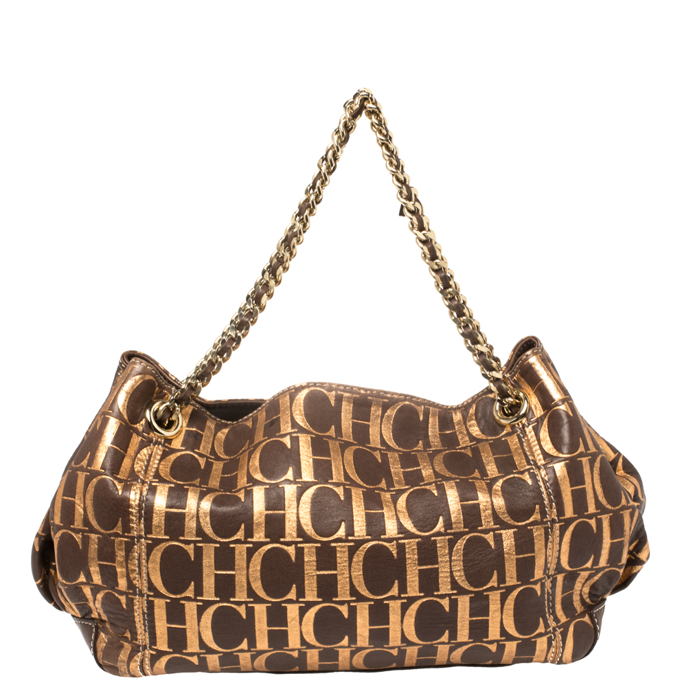 Carolina Herrera Brown/Metallic Gold Monogram Leather Chain Shoulder Bag