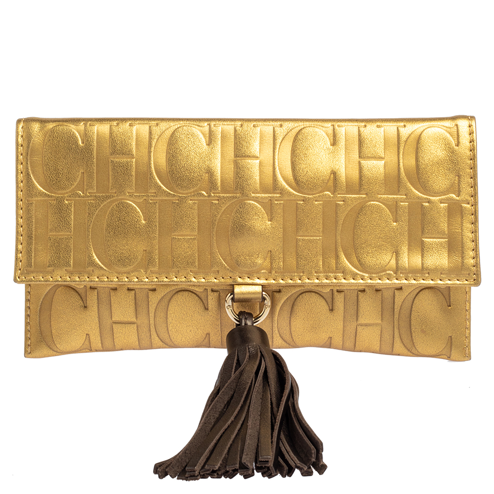 Carolina Herrera Metallic Gold Monogram Leather Tassel Clutch