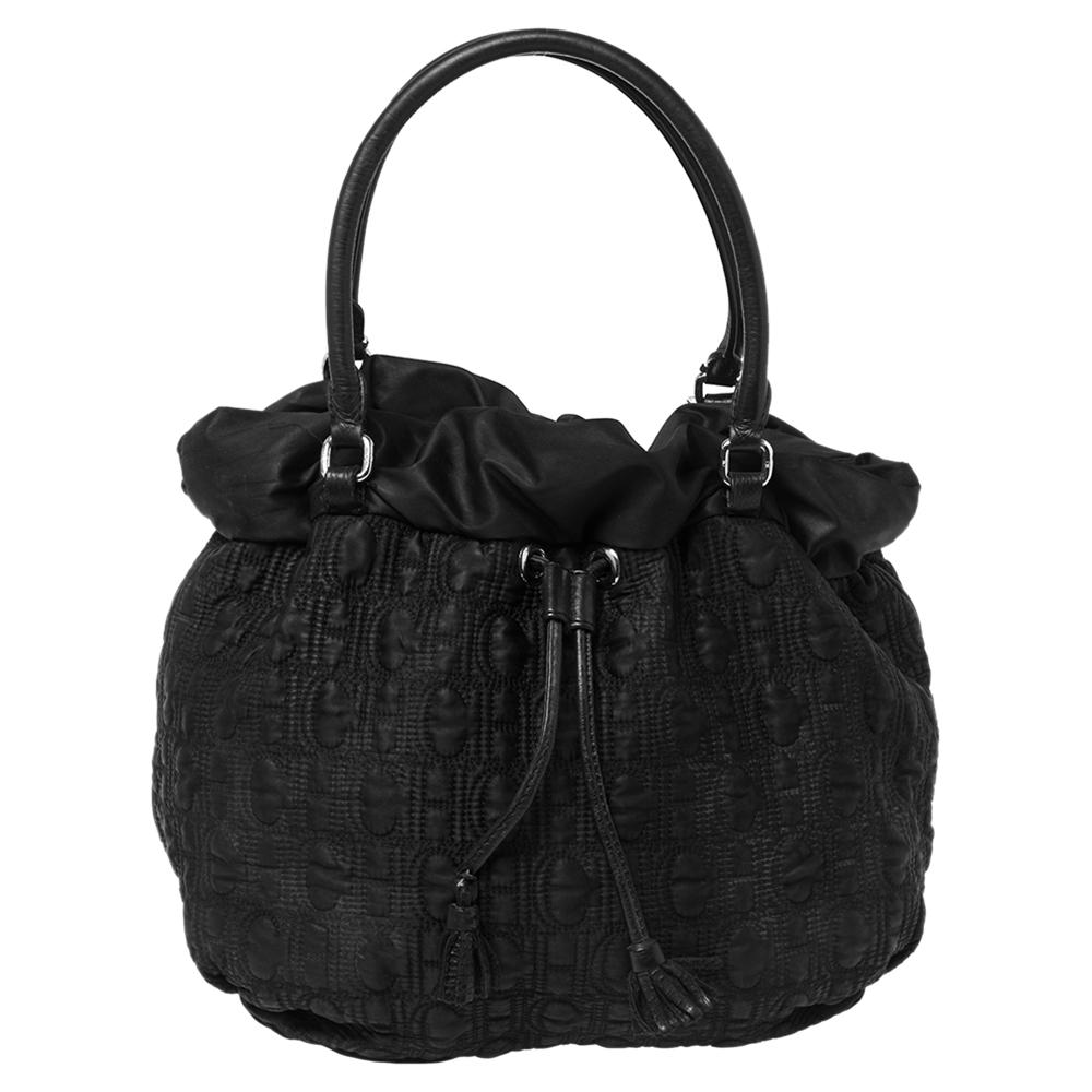CH Carolina Herrera Black Monogram Nylon Drawstring Shoulder Bag