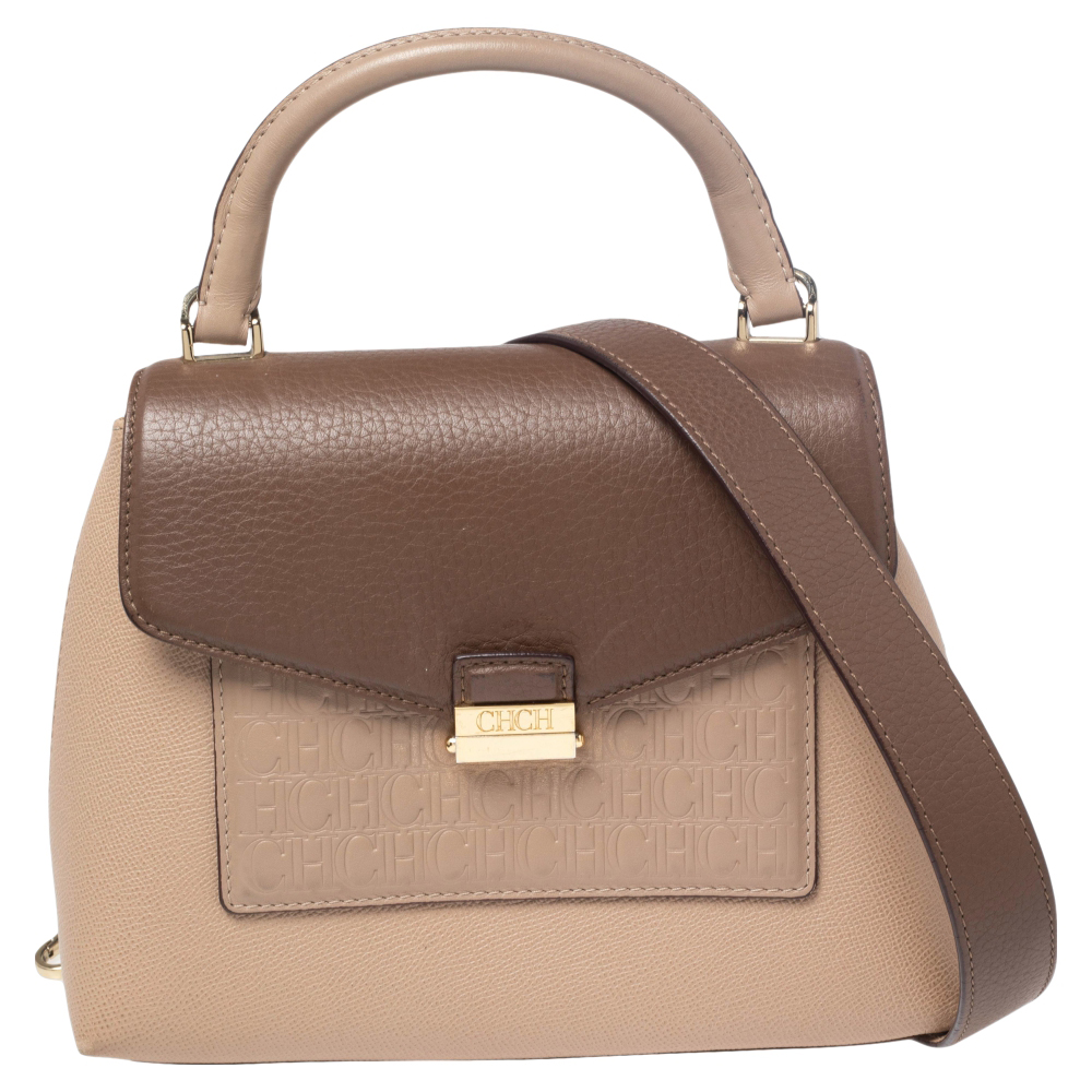CH Carolina Herrera Beige/Brown Monogram Embossed Leather Top Handle Bag