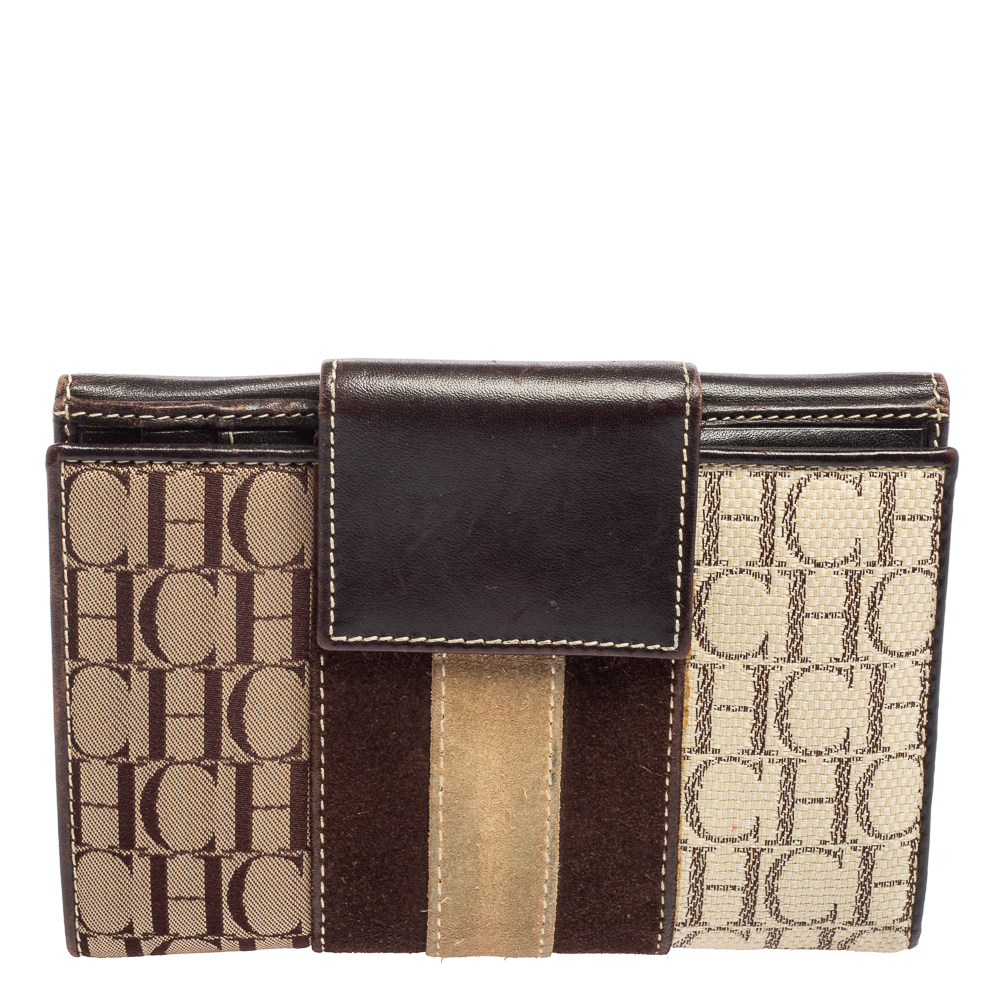 CH Carolina Herrera Monogram Canvas, Suede And Leather Flap French Wallet