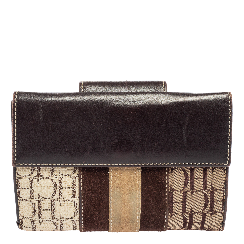 CH Carolina Herrera Monogram Canvas, Suede And Leather Flap French Wallet