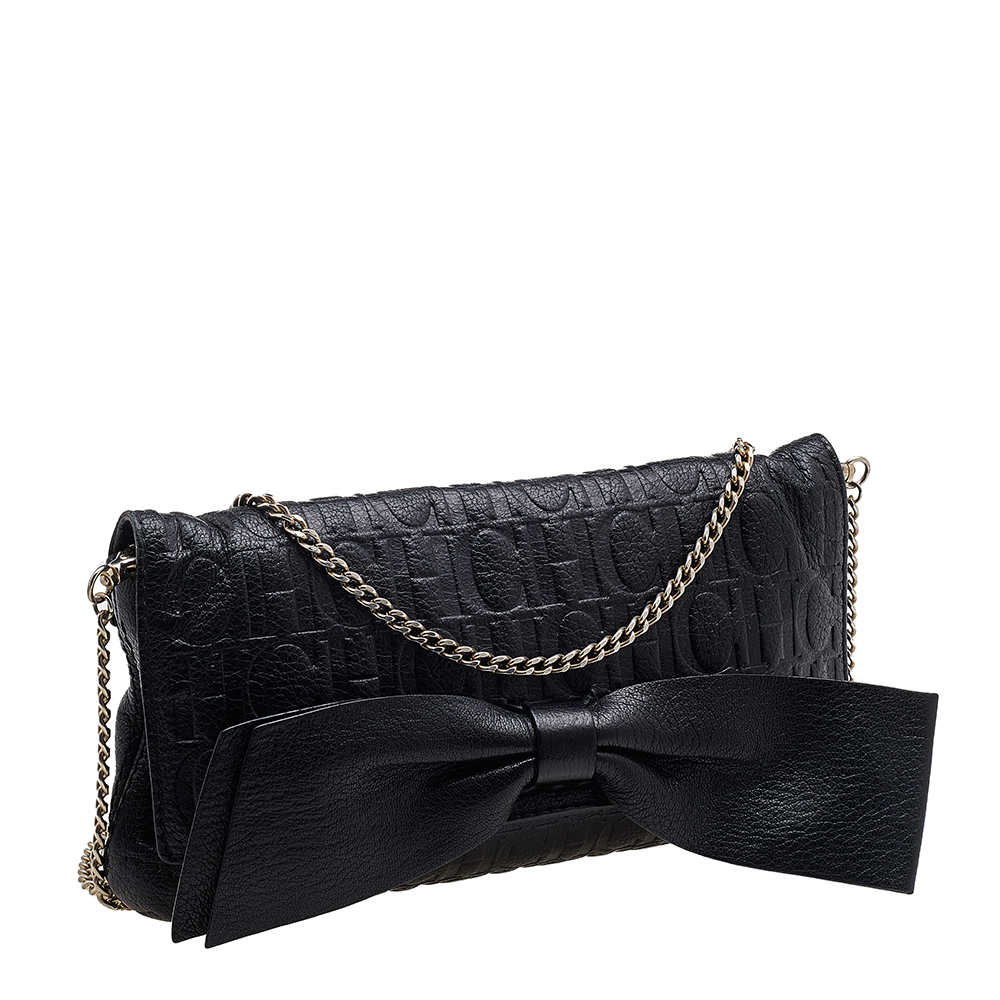 Carolina Herrera Black Embossed Leather Audrey Bow Flap Shoulder Bag
